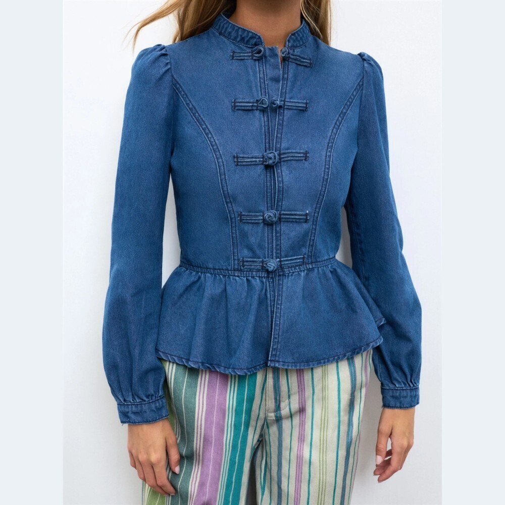Blue Denim Frog Button Stand Collar Peplum Long Sleeve Blouse